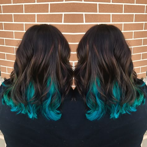 Turquoise Hair Tips, Teal Peekaboo Highlights Brown, Brown Turquoise Hair, Teal Hair Dye On Brown Hair, Dark Hair With Teal Peekaboo, Brown To Teal Hair, Dark Hair With Bright Colors Underneath, Aqua Tips Hair, Teal Dip Dye Hair