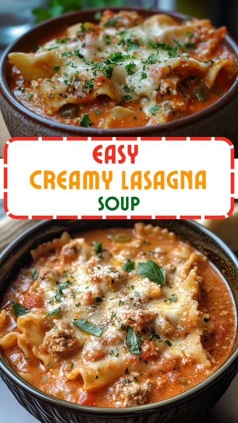 Soup Recipes: Easy Creamy Lasagna Soup Easy Creamy Lasagna Soup, Soup With Lasagna Noodles, Recipe For Lasagna Soup, Lasagna Soup Easy Ground Beef, Lasagna Soup For 2, Soups Recipes Lasagna, Lasagna Soup With Spinach, Easy Soup Ideas For Dinner, Meatball Lasagna Soup