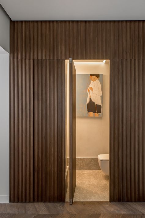 Toilet Door Ideas, Hidden Bathroom Door, Secret Door Ideas, Door Remodel, Bathroom Door Design, Beautiful Powder Rooms, Pintu Interior, Timber Battens, Powder Room Design