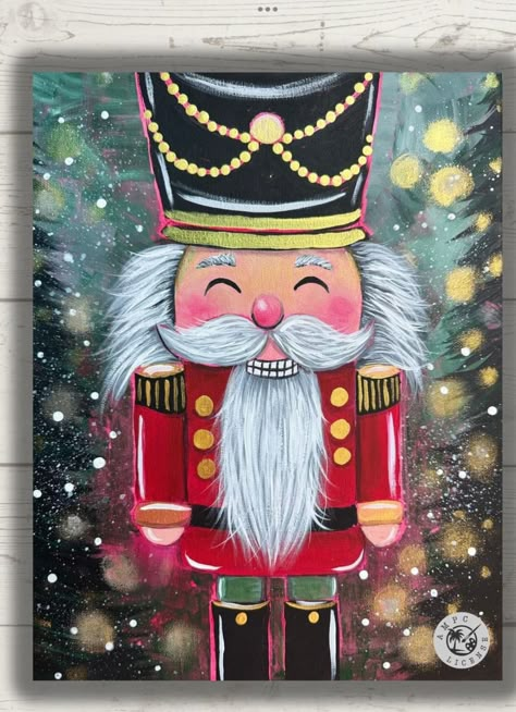 Cute Nutcracker, Santa Paintings, Winter Paintings, Paint Party Ideas, Christmas Canvas Art, Christmas Painting, Cute Santa, Christmas Canvas, Christmas Minis