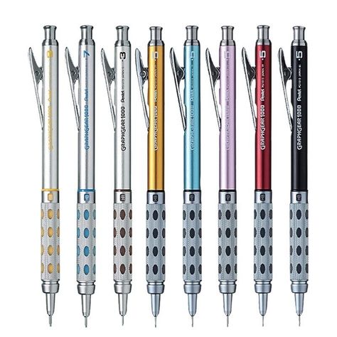 Pentel Drafting Mechanical Pencil Graphgear 1000 Series 0.3 or 0.5 or 0.7 or 0.9    Superior drafting Pencil for professionals and enthusiasts. A core hardness display window that can display the hardness of HB, H, B, 2B. The pen tip projects by pushing the rear end knock. A mechanical pencil with a safe design in which the pen tip is stored by opening the clip. 0. 3mm, 0. 5mm, 0. 7mm & 0. 9mm sizes available; color coded sizes for fast & easy size lead size identification.     Clip: steel, Grip: silicon rubber/brass      Length : 150mm (in inches: 5.9055)  Weight: 20g Core diameter: 0.3/0.5/0.7/0.9mm Graph Gear 1000, Graphgear 1000, Best Mechanical Pencil, Drafting Pencil, Drafting Drawing, Mechanical Pencil Lead, Stationary Store, Manga Drawing Tutorials, Art Pencils