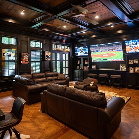 Ultimate man cave featuring luxurious black leather couches, dark wood paneling, and wood floors. Equipped with big screen TVs playing baseball, a bar with stools overlooking a scenic view, and cozy high ceilings. Perfect for sports fans with a minimalist, masculine design, this space includes an island bar for entertainment and built-in cabinets for storage. Man Cave Tv Setup, Man Cave Minimalistic, Man Cave Movie Room, Moody Sports Basement, Man Cave Theater Room, Basement Whiskey Lounge, Cozy Rec Room, Dark Man Cave, Man Cave Tv Wall