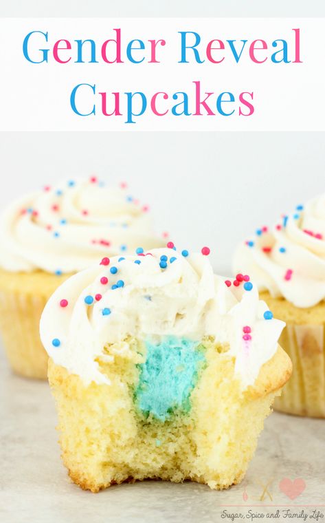 Gender Reveal Vanilla Cupcakes Recipe Diy Gender Reveal Cupcakes, Reveal Party Food Ideas, Gender Reveal Party Food Ideas, Baby Reveal Cupcakes, Gender Reveal Dessert, Vanilla Cupcakes Recipe, Mystic Mama, Gender Reveal Party Food, Gender Reveal Cupcakes