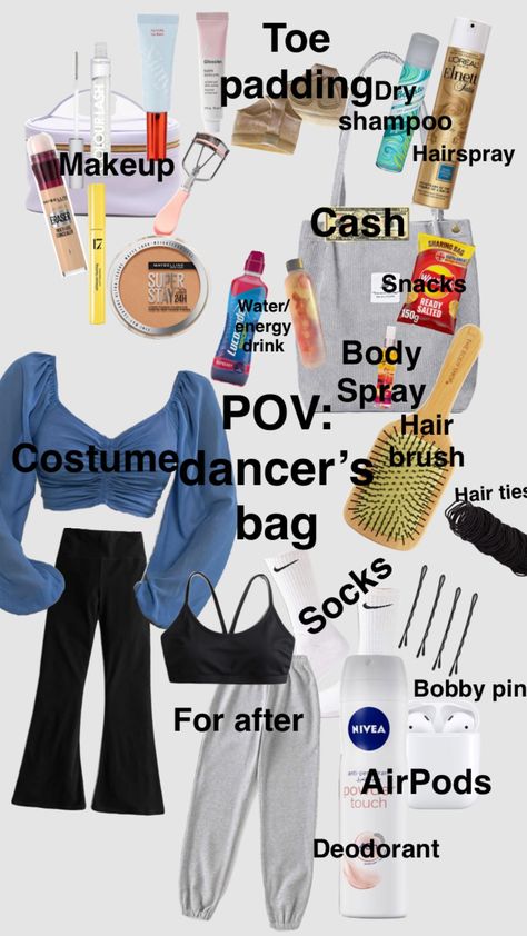 #dance #bag #whattopack #makeup #competition #costume #vibes Things To Keep In Your Dance Bag, Makeup Ideas For Dance Competition, What To Keep In Dance Bag, Dance Makeup Bag, Dance Comp Checklist, Preppy Dance Competition, Makeup For Dance Competition, What To Pack In A Dance Bag, Dance Bag Organization