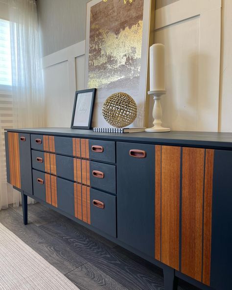 I have absolutely loved working on this gorgeous Nathan Sideboard. There’s something very special about these pieces that just scream quality craftsmanship. . I was hoping to keep as much of the original wood as possible, but it soon became apparent that a more custom look was needed. I decided to go with a simple, yet retro 70’s design on this sideboard, with a custom paint mix that resulted in a stunning blue with a slight hint of teal using @fusionmineralpaintuk Available now Link in b... Nathan Sideboard, Nathan Furniture, Retro Sideboard, Dressing Table Desk, Bedroom Sideboard, Blue Pictures, Living Room Bookcase, Vintage Sideboard, Diy Home Decor Projects