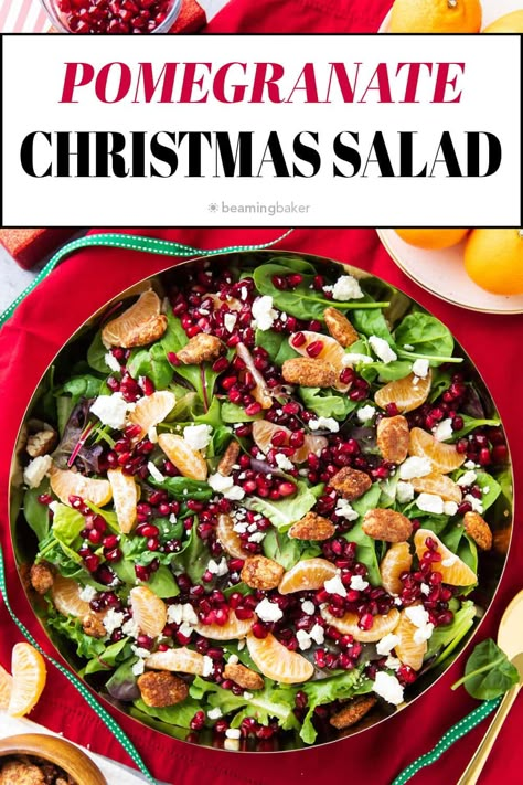 Bright, fresh, sweet and delicious: Christmas Salad includes juicy clementine oranges, pomegranate, sweet candied pecans, and feta cheese with fresh spring greens all wrapped in the best honey mustard dressing! | Recipe at BeamingBaker.com Pomegranate Pecan Salad, Apple Pomegranate Harvest Salad, Christmas Salad Pomegranate, Christmas Pomegranate Salad, Pomegranate Seed Salad, Salad Recipes With Pomegranate Seeds, Christmas Salad With Pomegranate Seeds, Winter Salad With Pomegranate, Christmas Green Salad Recipes