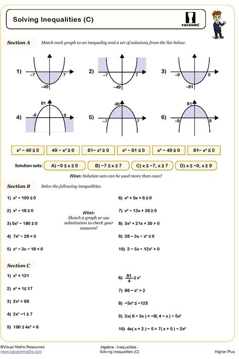 Discover a comprehensive Solving Inequalities worksheet that focuses on quadratic inequalities. Section A involves matching graphs with corresponding inequalities, while Section B tackles solving quadratic inequalities through factorization. Meanwhile, Section C provides solutions for simplified quadratic inequalities. Enhance your understanding of this concept with this detailed worksheet. Quadratic Inequalities, 11 Worksheet, Inequalities Worksheet, Solving Inequalities, Maths Worksheets, Section A, Math Worksheet, Year 11, Problem Solving Skills