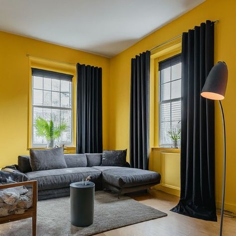 Best Curtains For Yellow Wall Curtains For Yellow Walls, Room With Yellow Walls, Perfect Curtains, Farmhouse Living Room Curtains, Best Curtains, Orange Curtains, Color Coordination, Unique Farmhouse, Yellow Wall