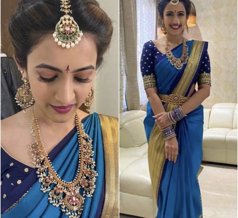 Blue saree niharika konidela Niharika Konidela, Engagement Dress For Groom, Bridal Sarees South Indian, Indian Bridal Sarees, Wedding Saree Blouse, Wedding Lehenga Designs, New Saree Blouse Designs, Wedding Saree Blouse Designs, Girls Dresses Sewing