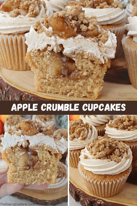 Recipes For Apple Pie, Recipe For Apple Crumble, Apple Crumble Cupcakes, Crumble Cupcakes, Apple Pie Cupcakes, Cinnamon Buttercream, Cinnamon Cupcakes, Apple Crumble Recipe, Fun Cupcake Recipes