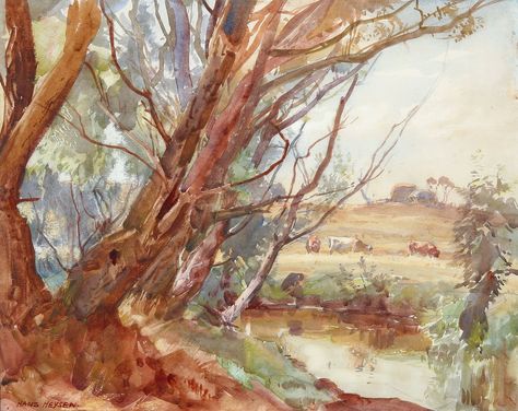 Hans Heysen, Watercolour Artists, Australian Painting, View Landscape, Australian Bush, Man Images, Australian Artists, Aboriginal Art, Watercolor Artist