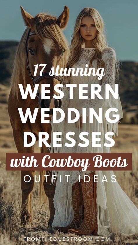 a woman wears a western wedding dress with cowboy boots, western outfits Casual Wedding Dress With Boots, Wedding Dress With Boots Country, Cowgirl Wedding Dress With Boots, Western Wedding Dresses With Boots, Country Boho Wedding Dress, Dress With Boots Country, Wedding Cowgirl Hat, Cowboy Boots Bride, Cowboy Wedding Boots