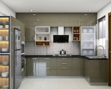 L Shape Kichen Desine Idea, Uv Kitchen Design, C Shape Kitchen Design Modern, Simple L Shaped Kitchen, Kitchen Laminates Design India, Modular L Shape Kitchen Design, C Type Kitchen Design, U Kitchen Design Ideas, Kitchen Overhead Cabinets Design