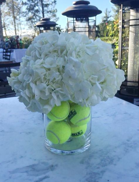 Tennis Ball Centerpieces Diy, Tennis Party Ideas Decoration, Tennis Themed Centerpieces, Tennis Flower Arrangements, Tennis Cocktail Party, Tennis Banquet Decorations, Tennis Banquet Ideas Centerpieces, Tennis Ball Centerpieces, Tennis Ball Decor