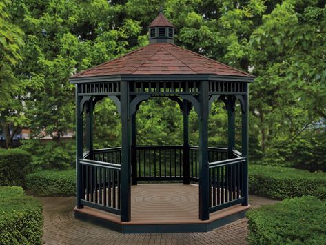 Size 10' with new black vinyl and magenta red shingles Gazebo Landscaping, Black Gazebo, Octagon Gazebo, Roof Options, Gazebo Privacy, Gazebo Ideas, Outdoor Gazebo, Backyard Gazebo, Victorian Garden