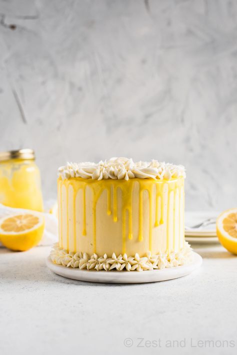 Lemon Cake With Lemon Filling, Cake With Lemon Filling, Lemon Birthday Cakes, Gluten Free Lemon Cake, Lemon Layer Cake, Wheat Allergy, Gf Cake, Delicious Lemon Cake, Lemon Curd Cake