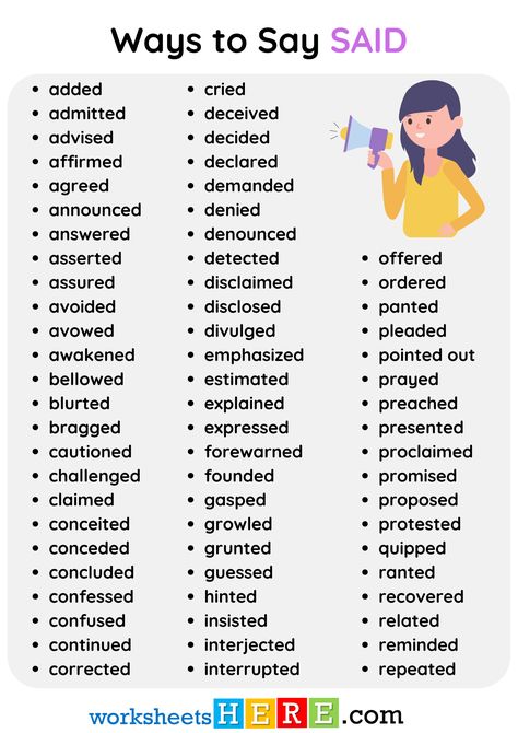 Ways to Say SAID Words List PDF Worksheet For Students - WorksheetsHere.com Other Words For Said, Words For Said, Ways To Say Said, Words List, Writing Inspiration Tips, Other Ways To Say, Learning English, Writing Words, Writing Advice