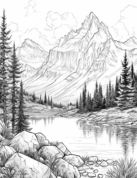 Nature Coloring Pages, Lake Tattoo, Mountain Sketch, Coloring Pages Nature, Our Mindful Life, Elephant Coloring Page, Breathtaking Nature, Mountain Drawing, Landscape Tattoo