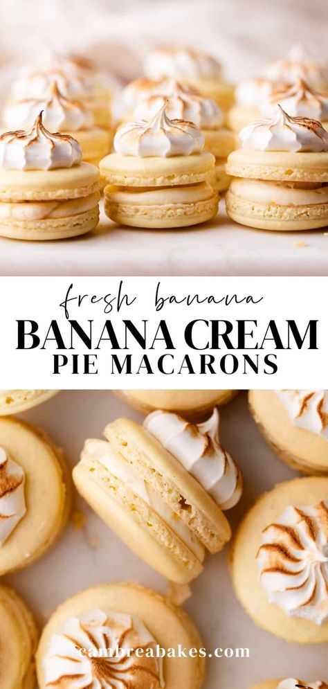 These banana macarons taste just like a slice of banana cream pie! The soft and chewy macaron shells are filled with a creamy vanilla custard frosting, layered with slices of fresh banana, and topped with toasted meringue. Cheesecake Macarons, Fall Macrons, Macaroon Filling Recipe, Flavored Macarons, Vanilla Macaron Recipe, Banana Macarons, Macaron Flavors Recipe, Coconut Cream Pie Macarons, Macrons Recipes Flavors