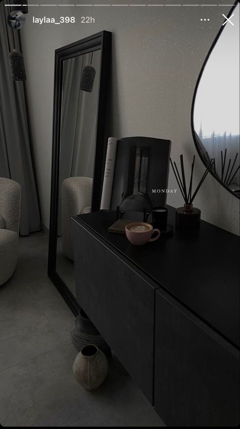 All Black Room Ideas Bedrooms, Black Bed Sheets Room Ideas Aesthetic, Apartment Black Interior, Black And Chrome Bedroom, Sleek Black Bedroom, Minimalistic Black Bedroom, Minimalist Black Decor, Black Minimal Bedroom, Black And Grey Room Aesthetic