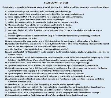 Diy Florida Water Recipe, Water Magic Witchcraft, Magical Water Properties, Spiritual Baths Cleanse, How To Make Florida Water, Florida Water Recipe, Uses For Florida Water, Florida Water Uses, Florida Water Uses Witchcraft