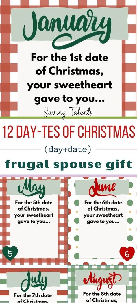 This free printable 12 Dates of Christmas is the perfect frugal Christmas gift or stocking stuffer for your husband, wife, or partner. Husband 12 Days Of Christmas Gift Ideas, 12 Days Of Christmas Husband, Date Night Christmas Gift For Couple, 12 Days Of Christmas For Husband, 12 Days Of Christmas Gift Ideas For Him, Christmas Gifts For Husband From Wife, 12 Days Of Christmas Gift Ideas, Husband Christmas Gift Ideas, Husband Stocking Stuffers