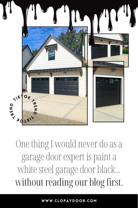 Black Garage Door Hardware, Garages Painted Black, Yellow House Black Garage Door, Best Black Paint Color For Garage Door, Black Gel Stain Garage Door, Black Garage White House, Painting Garage Doors Black, Painted Black Garage Door, Black Garage Door Paint Color