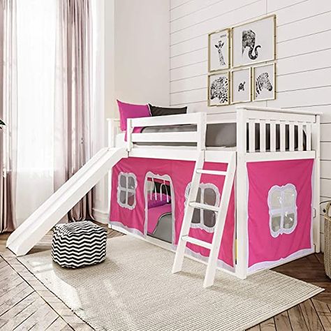 Max & Lily 180217-002-078 Low Bunk with Slide, Twin, White, Pink Curtain Playhouse Bed, Solid Wood Bunk Beds, Low Bunk Beds, Bunk Bed With Slide, Solid Wood Bed Frame, Wood Bunk Beds, Low Loft Beds, Twin Loft Bed, Low Loft