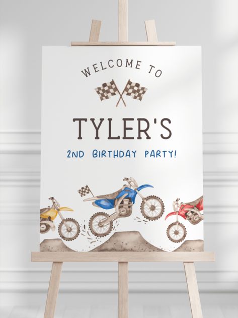 Bike Birthday Party, Bike Birthday Parties, Dirt Bike Party, Dirt Bike Birthday, Outdoors Birthday Party, Birthday Decorations Kids, Kids Bike, 4th Birthday Parties, Party Signs