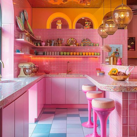 Brighten Up with Pink: Colorful Home Decorating Ideas • 333+ Art Images Pink Kitchen Inspiration, Neon Bathroom, Hot Pink Kitchen, Pink Utensils, Kitchen 2025, Pink Interiors, Colorful Homes, Colorful Backsplash, Retro House