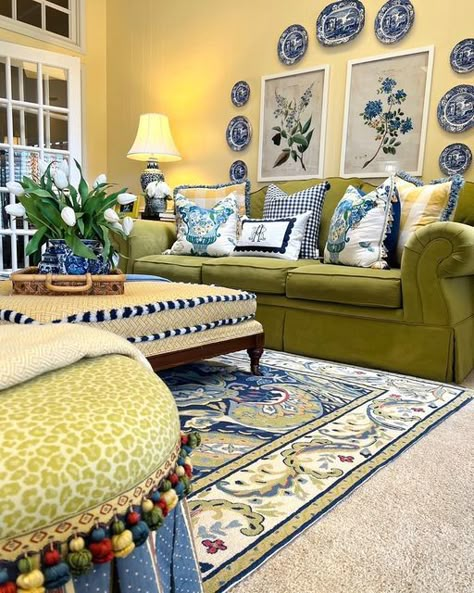 Whimsical Living Room, Blue And Green Living Room, French Country Living Room, Green Velvet Sofa, Blue White Decor, Morning View, Country Living Room, Pretty Room, Living Room Green