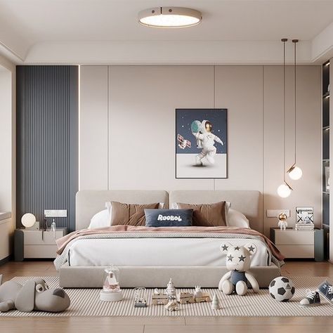 Modern bedroom Blue Accent Interior Design, Modern Kids Bedroom Boys Interior Design, Simple Kids Bedroom, Simple Kids Bedrooms, Modern Kids Room Design, Bedroom Design Modern, Kids Bedroom Boys, Small Bedroom Interior, Boy Toddler Bedroom