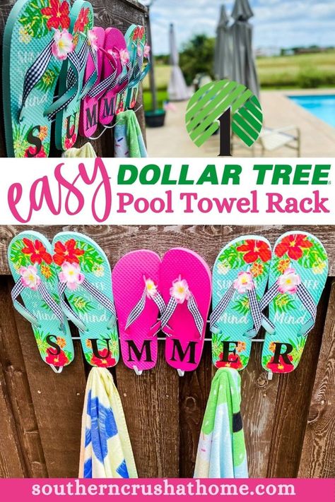 summer pool towel rack flip flops hanging pool beach towels Pool Towel Holder Ideas, Diy Pool Towel Holder, Poolside Towel Storage, Diy Towel Rack For Pool, Pool Towel Storage Ideas, Towel Rack For Pool, Pool Towel Rack Diy, Poolside Towel Rack, Pool Towel Hooks