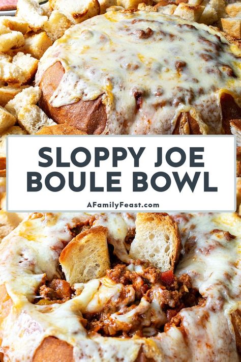 Sloppy Joe Boule Bowl has saucy, flavorful ground beef spooned into a hollowed-out bread bowl, then topped with cheese. Bake it in the oven until hot and melted, then serve with crispy bread croutons on the side for dipping, or spoon onto a plate and eat with a fork. Cooking Stew Beef, Slow Cook Beef Stew, Bread Bowl Recipe, Crispy Bread, Cheese Bake, Sloppy Joes Recipe, Bread Bowl, Sloppy Joe, Bread Bowls