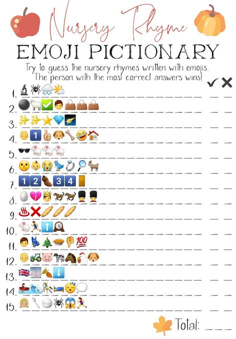 Nursery Rhyme "Emoji Pictionary" fall theme pumpkin Baby Shower Game Emoji Nursery Rhyme Game Free, Nursery Rhyme Theme Party, Emoji Pictionary Baby Shower Game, Nursery Rhyme Baby Shower Game, Nursery Rhyme Party, Fall Baby Shower Game, Nursery Games, Nursery Rhyme Theme, Emoji Game