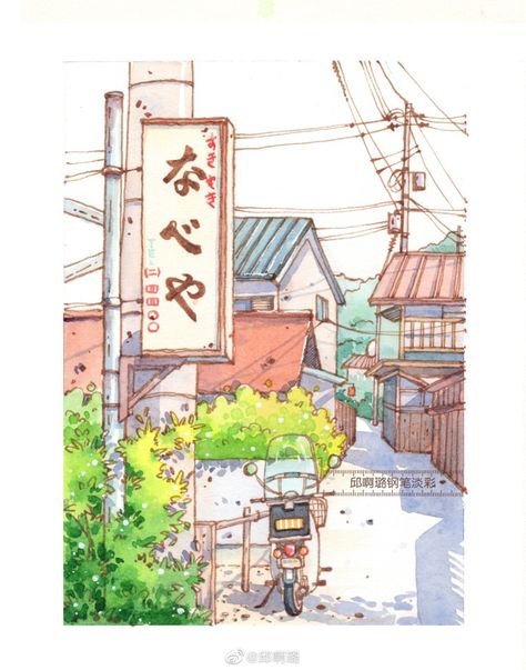 Japanese Street Drawing Simple, Tokyo Illustration City, Cyberpunk Drawing, Japan Watercolor, Watercolor Art Landscape, Japanese Watercolor, Watercolor Architecture, Pen Art Drawings, Architecture Drawing Art