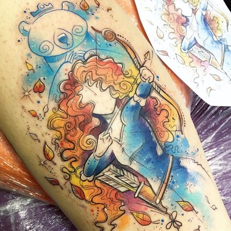 Deborah Deh Soares > Merida (Disney) #tattoo #ink #art #watercolor Disney Sleeve Tattoos, Merida Disney, Be Brave Tattoo, Tattoo Snake, Disney Sleeve, Disney Princess Tattoo, Princess Tattoo, Kunst Tattoos, Disney Brave