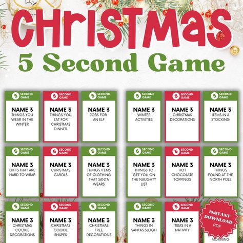 Welcome to the ultimate holiday party game! Our Holiday 5 Second Game is perfect for bringing some fun and laughter to your Christmas celebrations. The rules are simple: each player has five seconds to answer a question related to Christmas before the buzzer sounds. This 5 Second Game Christmas edition is sure to keep everyone on their toes! This 5 Second Rule Game is a great way to get the whole family involved in the Christmas spirit. It's also perfect for virtual gatherings with friends or coworkers. Simply print out the game cards and you're ready to go! Don't wait any longer to get your hands on this 5 Second Christmas Game. Download now and let the holiday festivities begin! **This is an INSTANT DIGITAL DOWNLOAD and no physical items will be shipped.** INCLUDED IN THIS LISTING: * 72 Christmas Headbands Game, 5 Second Game Questions, Christmas 5 Second Rule Game, Christmas 5 Second Game, 5 Second Rule Game Questions, 5 Second Rule Game, Christmas Quizzes, Christmas Song Games, Christmas Questions