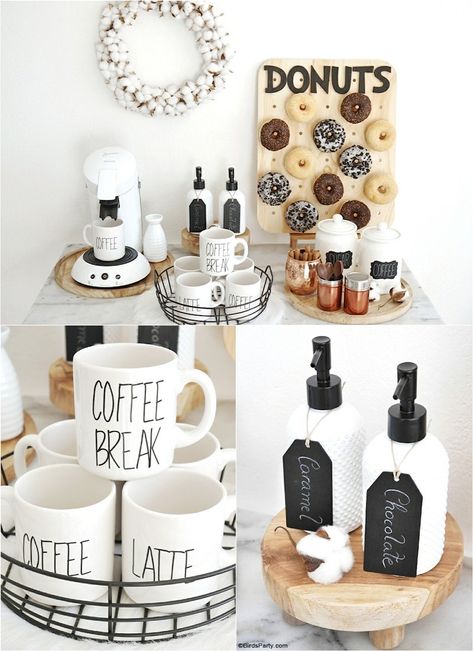 How to Style a Coffee and Donuts Bar for a Party - easy, quick and inexpensive DIY craft projects and ideas to set up a drinks station for entertaining! by BirdsParty.com @birdsparty #coffeebar #coffeestation #diycoffeebar #coffeedonutspartyideas #partyideas #winterparty #babyshower #bridalshower #donutsparty #donutswall #diydonutswall #diydonutsboard #donutsbirthday Hot Beverage Station, Donuts Wall, Donut Craft, Drinks Station, Cookout Party, Diy Donuts, Diy Coffee Bar, Donut Bar, Syrup Bottle