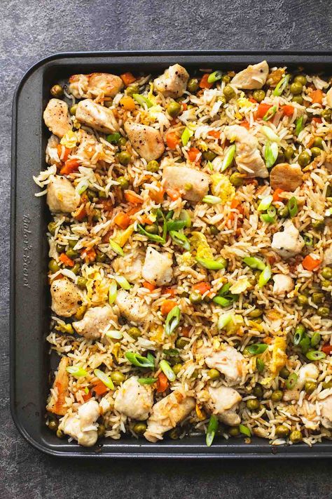 Easy, better than takeout! one sheet pan chicken fried rice has the best flavor and is prepped and baked on one pan for easy cleanup! Sheet Pan Chicken Fried Rice, One Sheet Pan Chicken, Chicken Fried Rice Easy, Food Wallpapers, Slow Cooker Broccoli, Baked Teriyaki Chicken, Pork Fried Rice, Sheet Pan Chicken, Sheet Pan Suppers