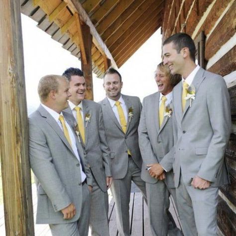 Mismatched Groomsmen, Yellow Grey Weddings, Gray Suits, Yellow Wedding Theme, Groomsmen Grey, Yellow Bow Tie, Light Grey Suits, Groomsmen Photos, Beautiful Beach Wedding