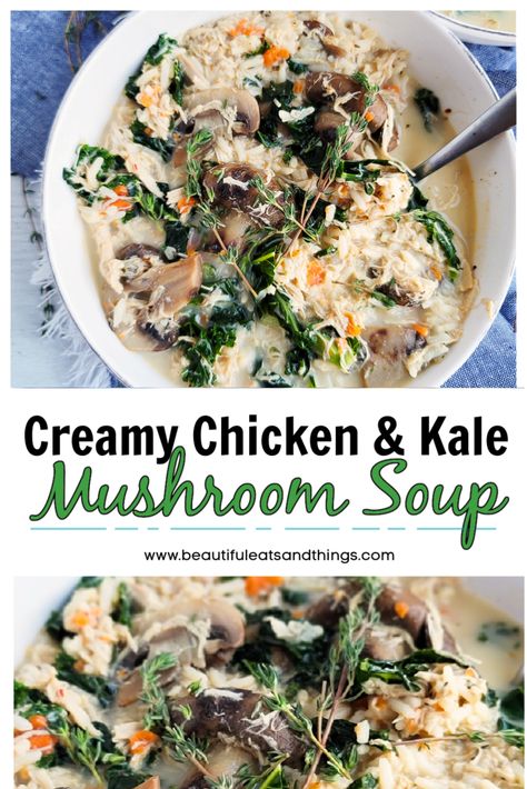 #ad. This Creamy Chicken Kale & Rice Mushroom Soup is perfect for those cool nights! It contains lots of yummy veggies and a hefty serving of Success White Rice! Creamy Chicken Kale Soup, Chicken Soup With Kale Recipes, Kale Mushroom Soup, Creamy Chicken Mushroom Wild Rice Soup, Chicken Mushroom Soup Recipe, Kale Mushroom Recipe, Wild Mushroom Carmelized Onion Kale Soup, Kale Rice, Rice Mushroom Soup