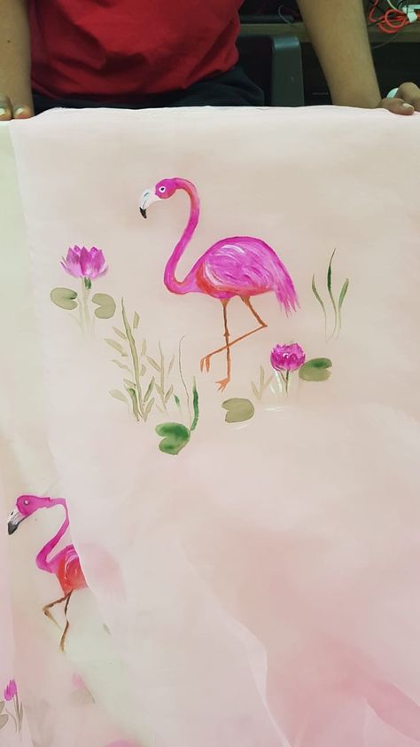 Fabric Painting Cartoon Designs, Dupatta Hand Painting, Flamingo Painting On Fabric, Fabric Painting On Organza, Free Hand Fabric Painting, Dream Paintings, Painters Tape Art, Orange Dupatta, Fabric Colour Painting