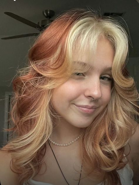 Copper Hair Ideas With Blonde, Split Red And Blonde Hair, Aesthetic Dyed Hair Blonde, Strawberry Blonde Hair With Blonde Bangs, Dyed Ginger Hair Strawberry Blonde, Blonde Under Ginger Hair, Strawberry Blonde And White Hair, Strawberry Blonde Hair With Curtain Bangs, Orange With Blonde Hair