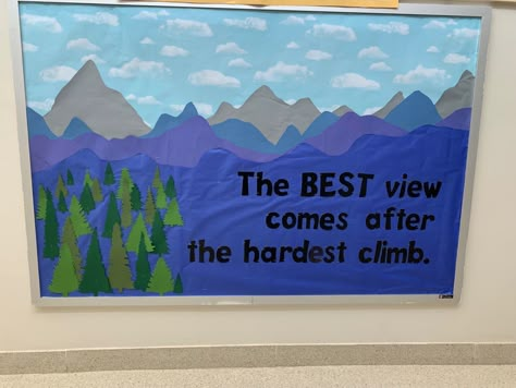 Camping School Theme Bulletin Boards, Nature Bulletin Board Ideas Classroom, Road Trip Bulletin Board Ideas, Mountain Theme Bulletin Board, Mountain Classroom Theme Decor, Camping Adventure Classroom Theme, Hiking Themed Classroom, Classroom Mountain Theme, Outdoorsy Classroom Theme