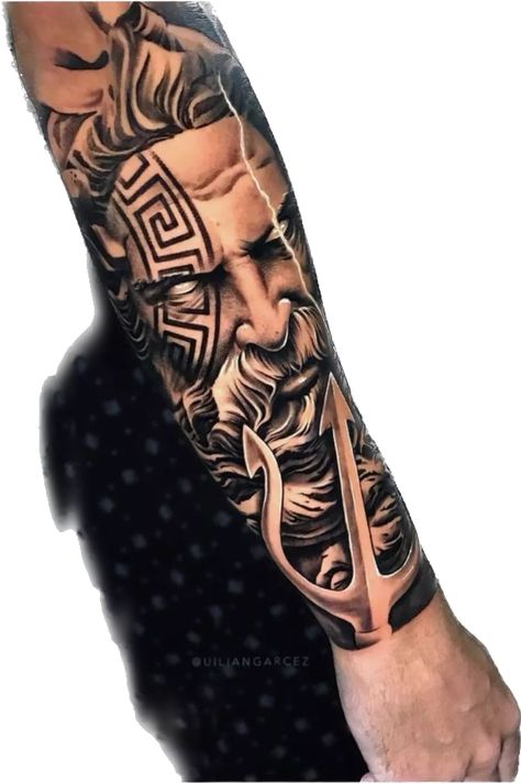 Zeus Lightning Bolt Tattoo, Posiden Tattoo Forearm, Greek God Tattoos For Men, Zues Tattoo Forearm, Greek Mythology Tattoos Forearm, Greek Forearm Tattoo, Greek God Tattoos, Forearm Tattoo Men Sleeve Unique, Voll Arm-tattoos