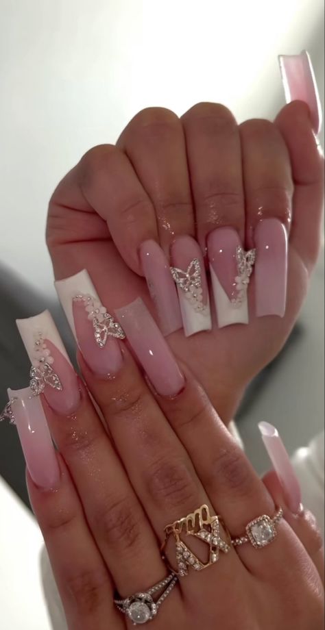 Medium nails, french tips, bling french tip, butterfly nails, simple nails, girly nails, ombre nails, pink nails, nude nails, nail inspo, prom nail inspo, black girl nail inspo, rhinestone, bling nails, butterfly charm White French Acrylic Nails With Design, Ideas For Short Nails, Quinceanera Nails, Fashionable Nails, Classy Acrylic, Duck Nails, White Acrylic Nails, Girly Acrylic Nails, French Tip Acrylic Nails