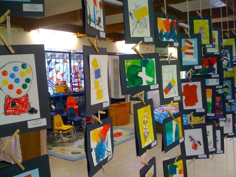 Maybe in the community room or near doors by elevator.  Neat and easy way to display artwork Preschool Art Display, Art Exhibition Ideas, Preschool Manipulatives, Art Preschool, Exhibition Ideas, Mugs Ceramic, Child Art, Easy Art, Ceramic Ideas