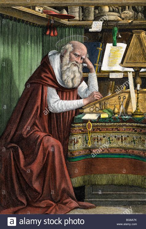 Download this stock image: Saint Jerome translating the Bible into Latin, known as the Vulgate - BG6A7K from Alamy's library of millions of high resolution stock photos, illustrations and vectors. Mid Evil, Saint Jerome, St Jerome, Beautiful Oil Paintings, Oil Painting Portrait, Visual Storytelling, Painting Studio, Male Portrait, Dream Art