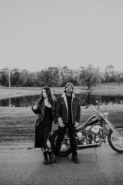 Motorcycle engagement photos Tattoo Engagement Photos, Couple Poses With Motorcycle, Harley Davidson Engagement Pictures, Motorcycle Photography Couples, Harley Davidson Photoshoot Couple, Motorbike Engagement Shoot, Couples Photo Shoot Motorcycle, Harley Couple, Wedding Photo Ideas Motorcycle